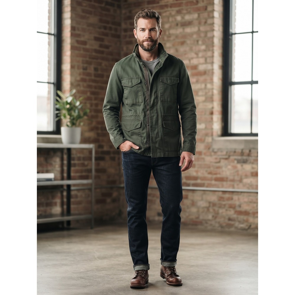 Mens Olive Green Military Field Jacket with Hidden Hood Utility Canvas Coat